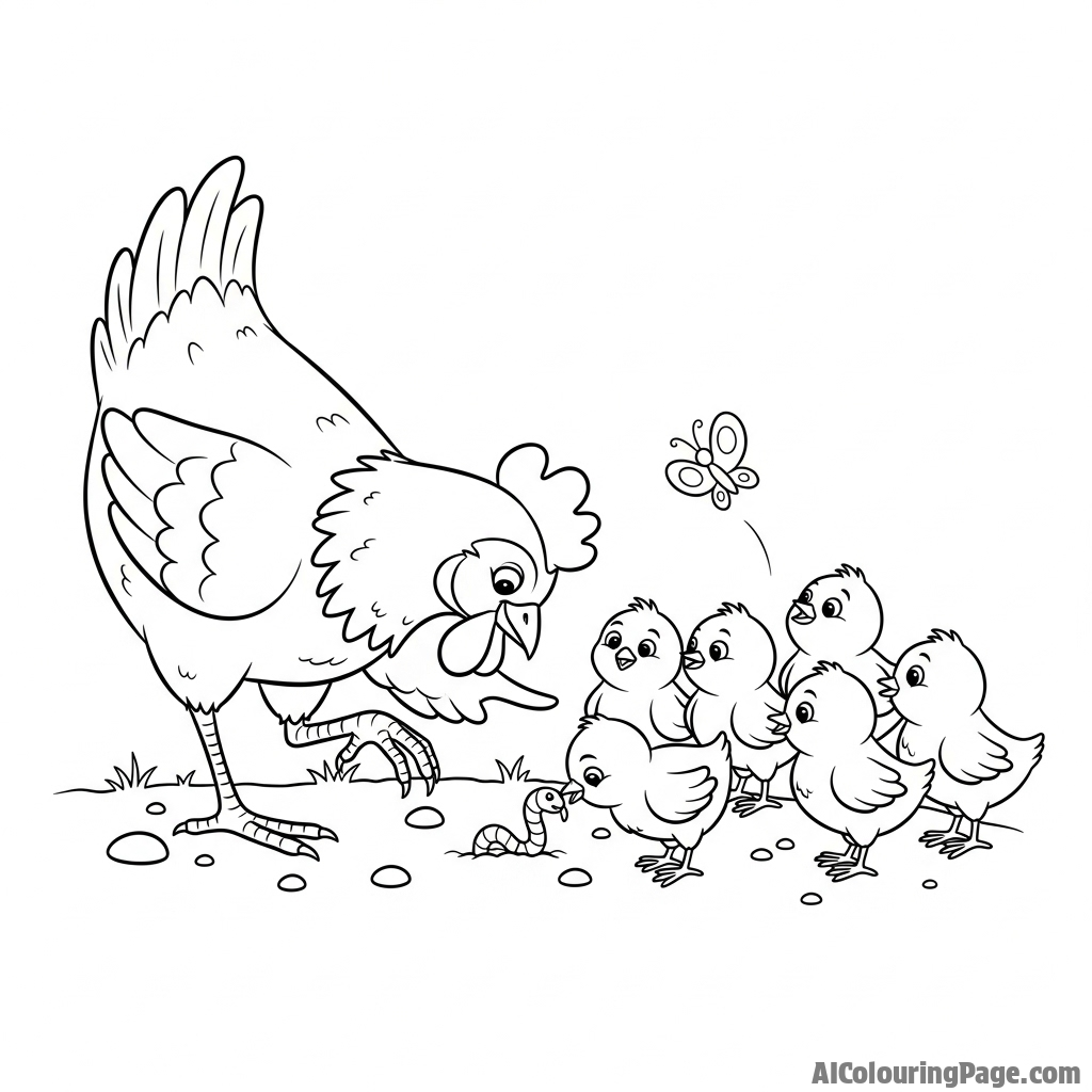 A hen teaching her chicks how to find worms.