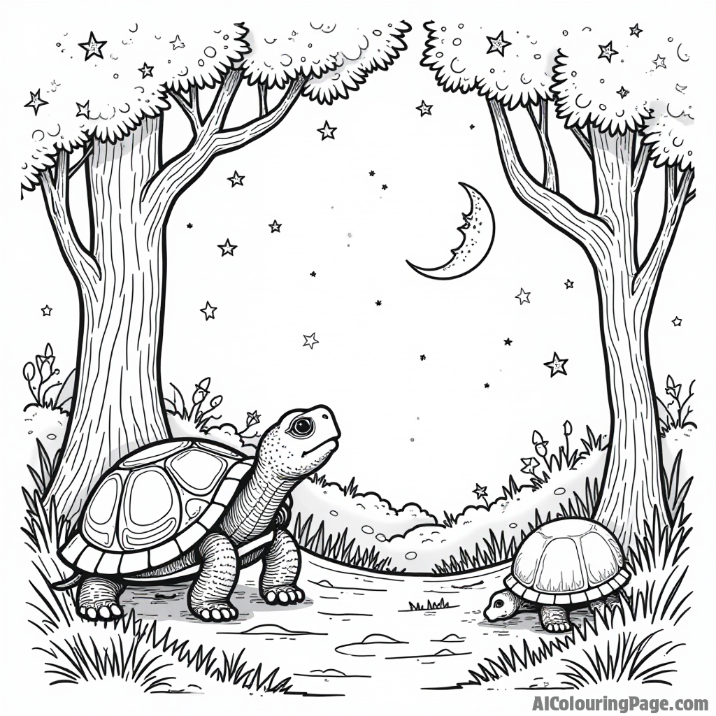 A mysterious forest night scene with a glowing moon, a wise old tortoise, and twinkling stars peeking through branches.