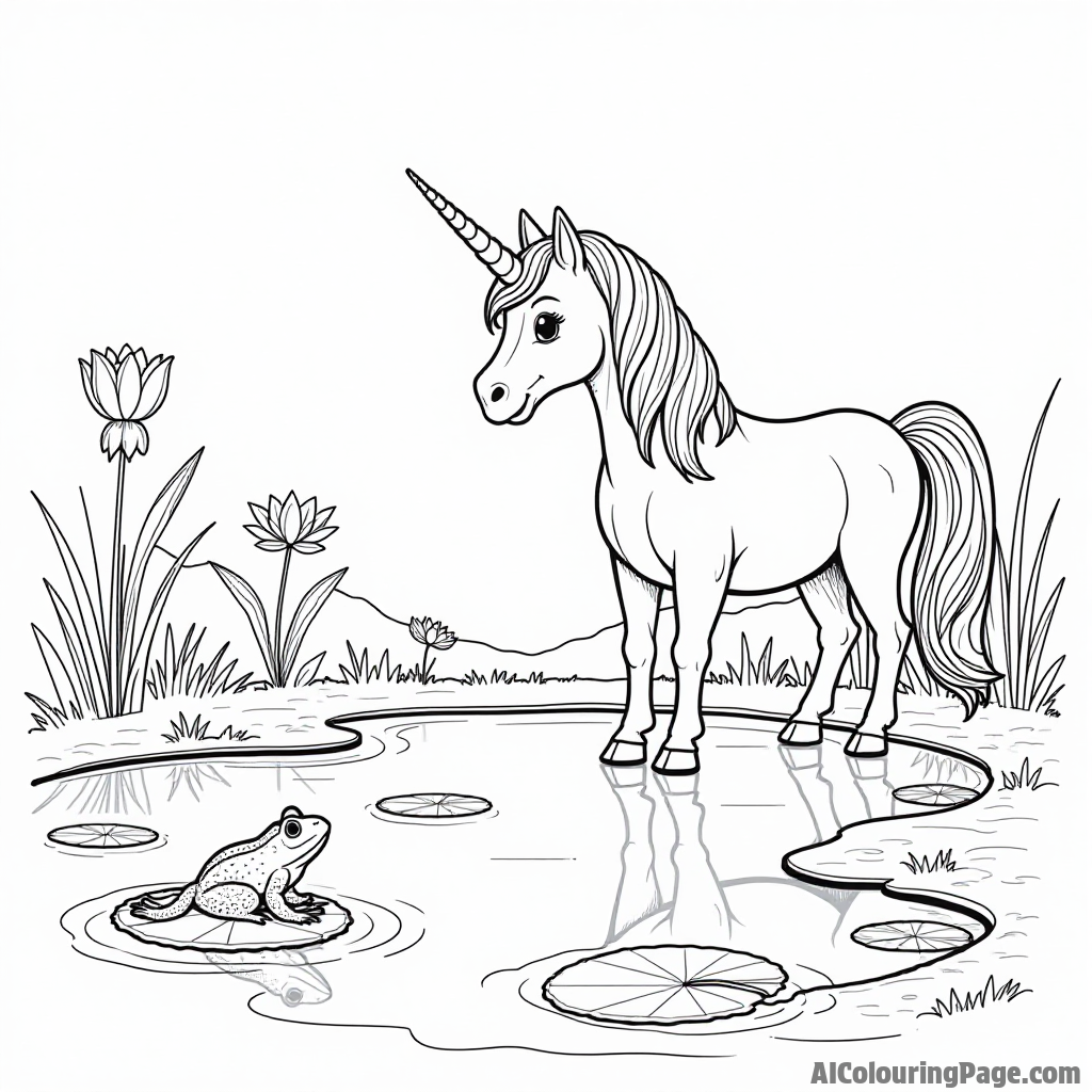 A unicorn gazing at its reflection in a sparkling pond with lily pads and frogs, inviting kids to color nature's beauty.