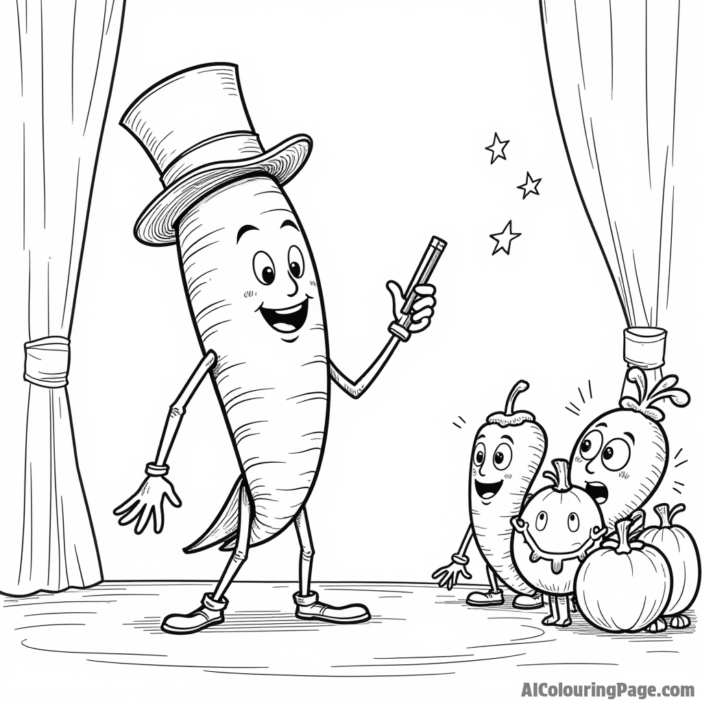 A playful carrot magician performing tricks on stage, with a top hat, wand, and astonished vegetable audience watching closely.