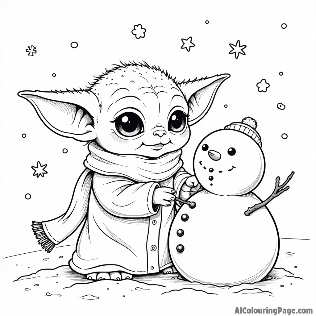 Baby Yoda wearing a cute scarf, building a snowman in a winter wonderland with snowflakes falling