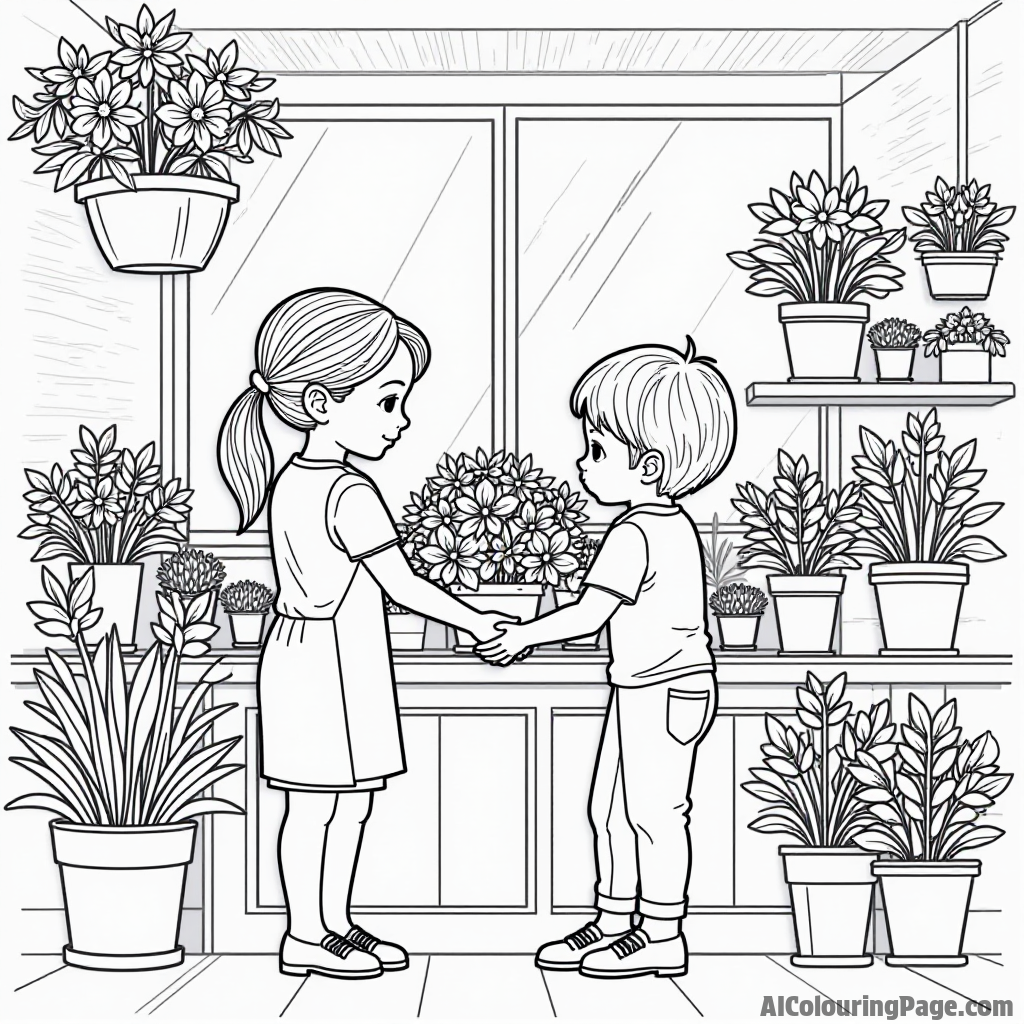 A vibrant flower shop filled with various flowers and plants, where children help arrange beautiful bouquets for customers