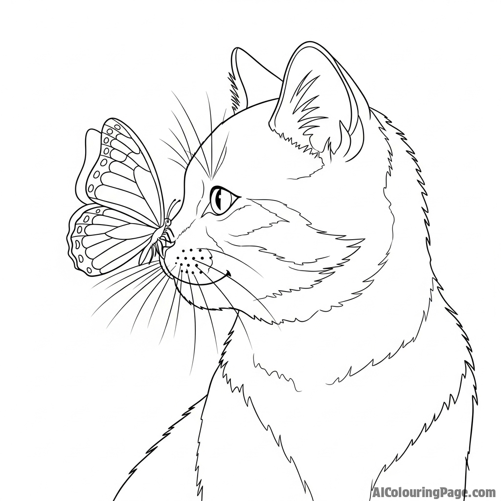 A cat gently touching a butterfly that has landed on its nose.