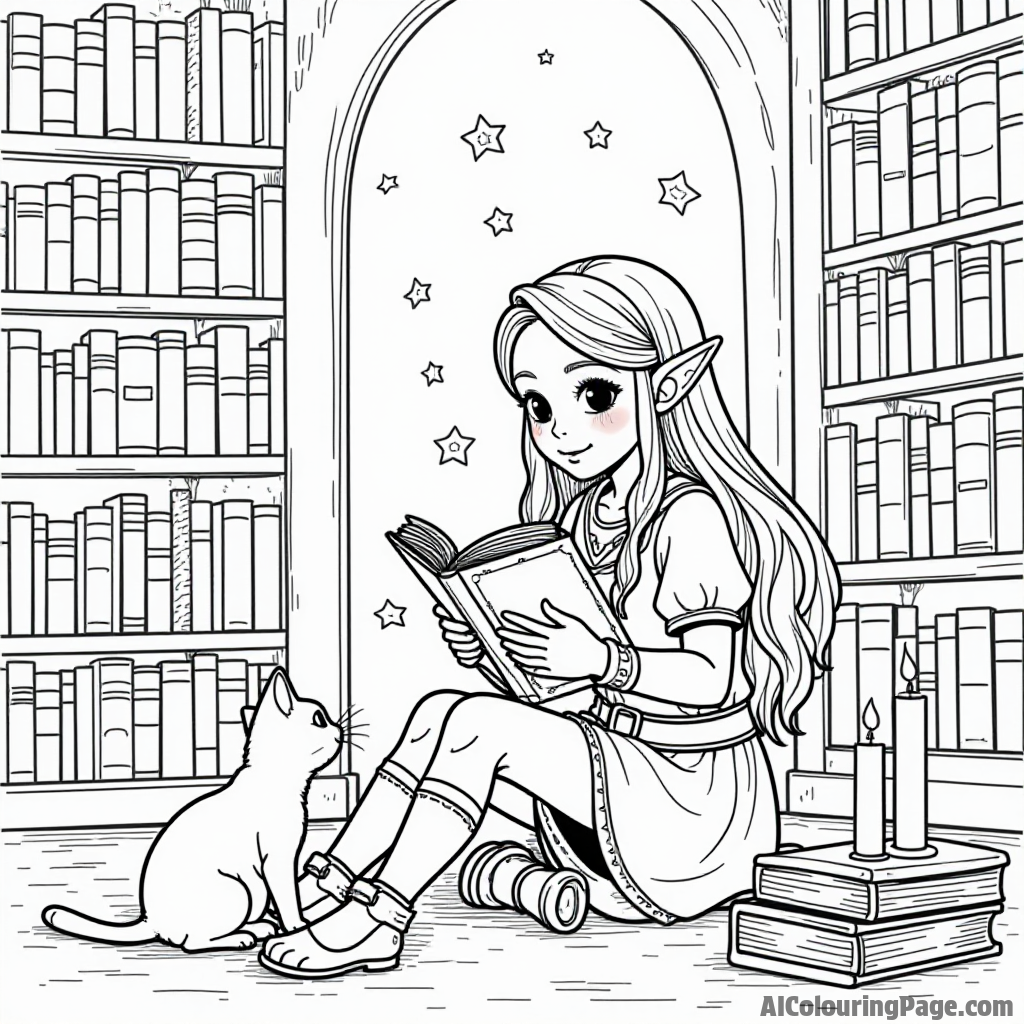 Zelda reading a magical book in a cozy library, surrounded by floating books, candles, and a curious cat nearby