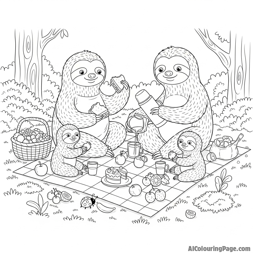 A family of sloths having a picnic on a mossy clearing.