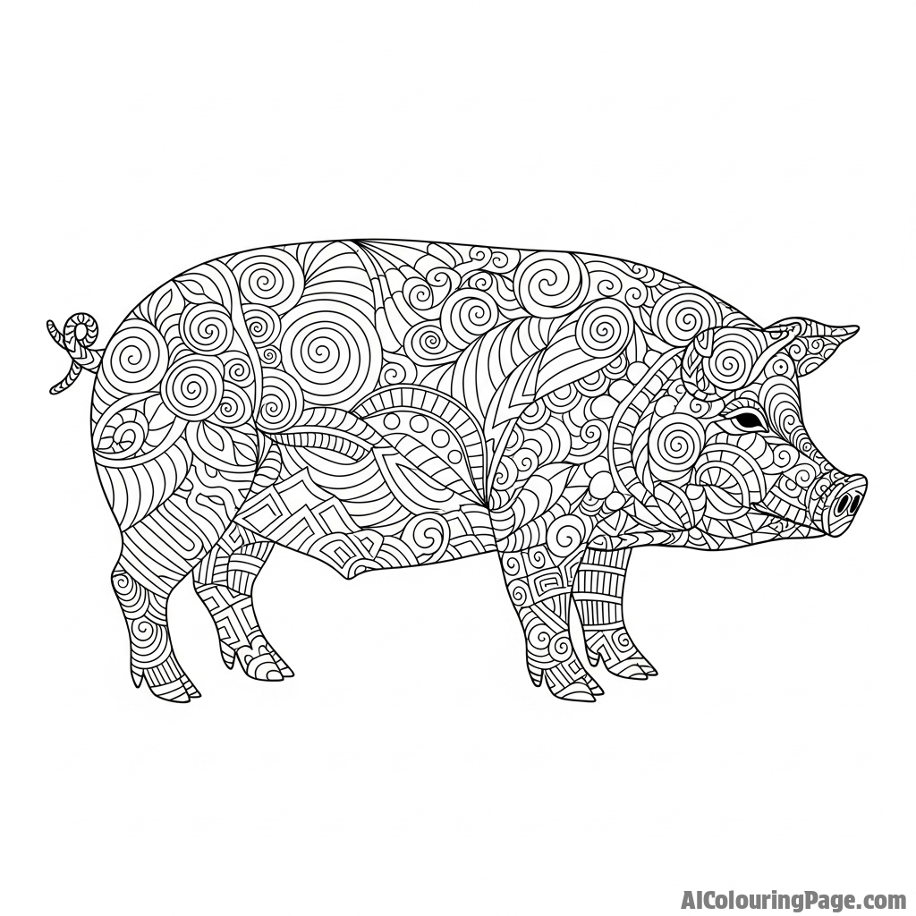 A pig made entirely of swirling, intricate patterns, Zentangle style.
