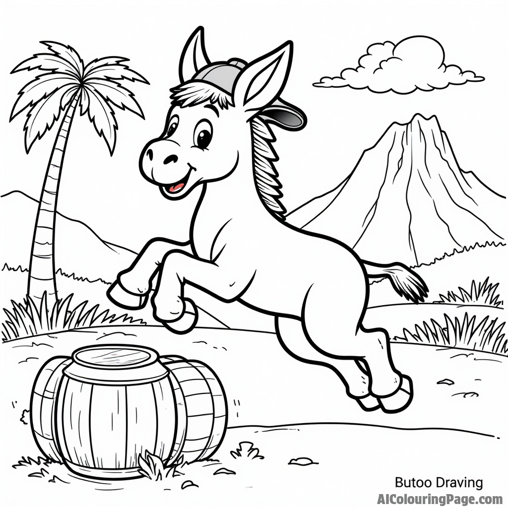 A playful donkey wearing a red cap, jumping over barrels, with palm trees and a mountain in the distance