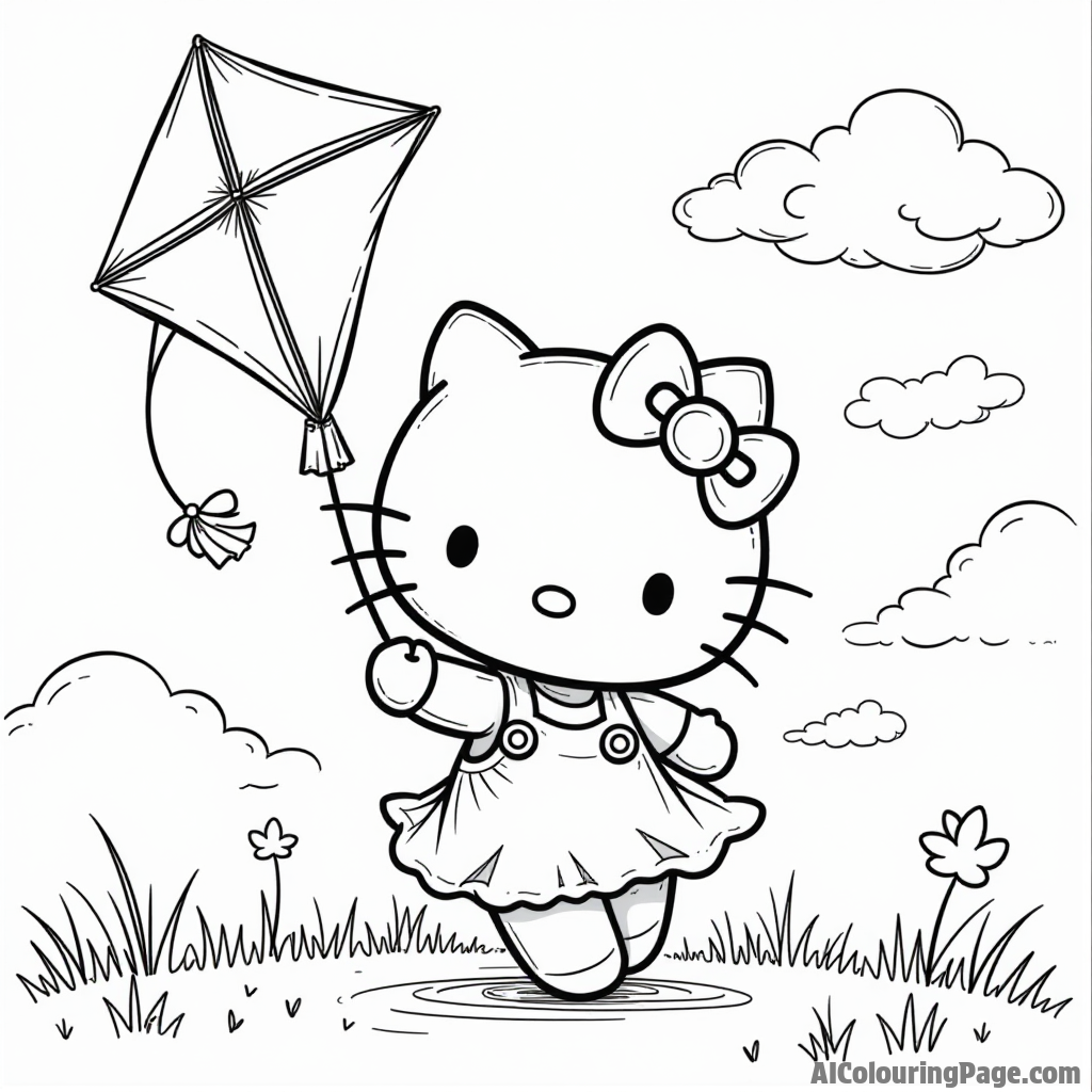 Hello Kitty playing with a kite on a windy day with fluffy clouds and birds soaring in the sky