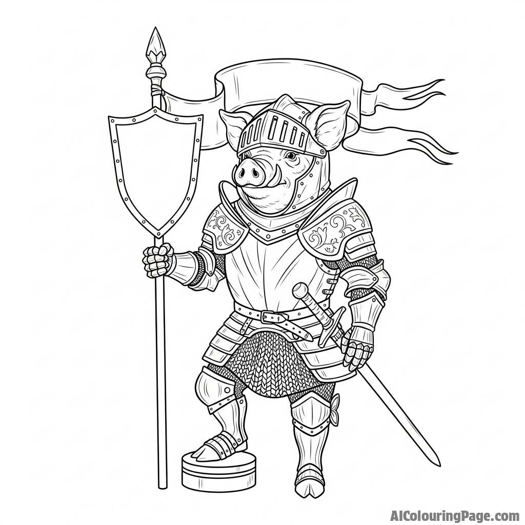A heroic pig knight in intricately detailed plate armor, holding a banner.