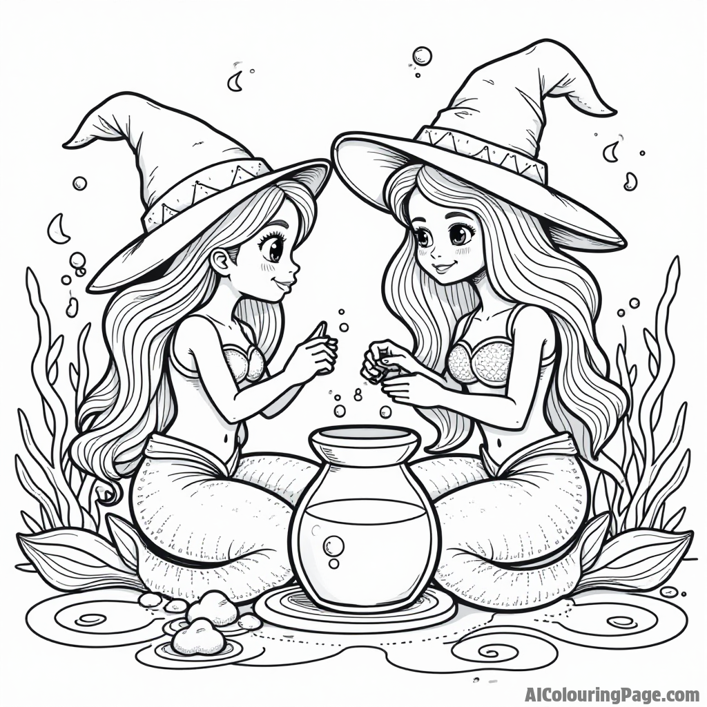 A playful scene of a mermaid and a sea witch creating potions together in a mystical underwater laboratory.