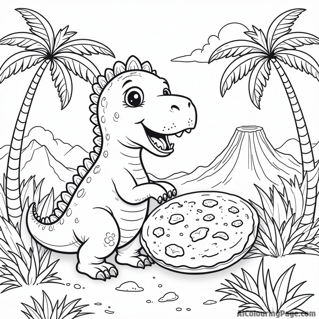 A playful scene of a baby dinosaur enjoying a giant cookie in a prehistoric landscape with palm trees and volcanoes.