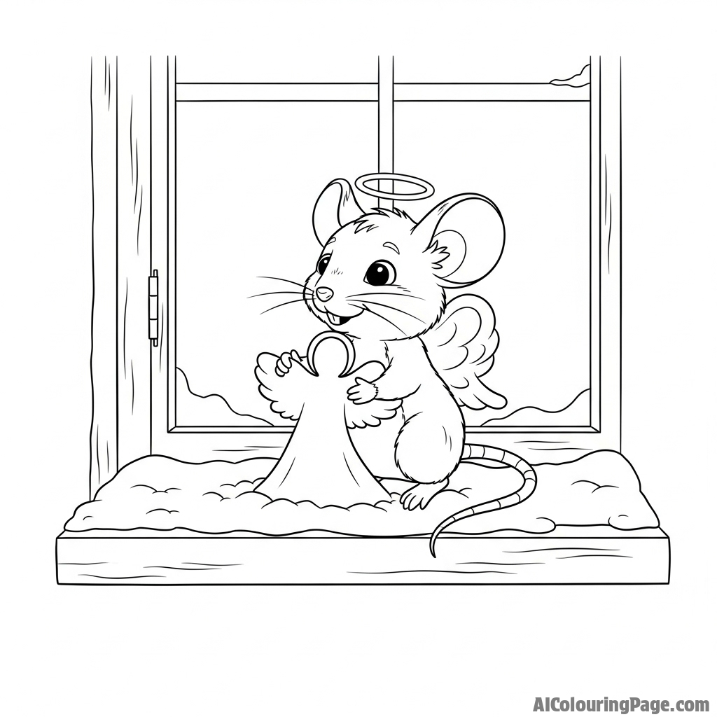 A mouse creating a tiny angel shape in a dusting of freshly fallen snow on a windowsill.