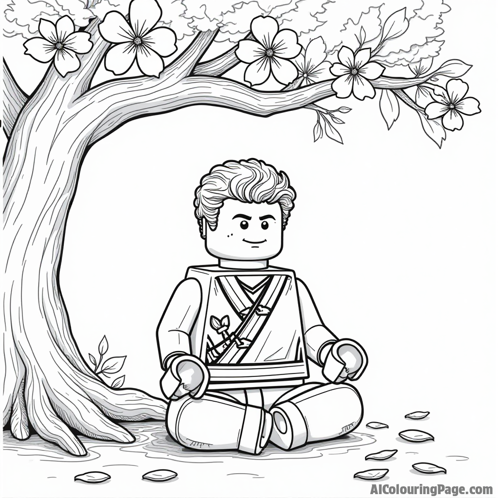 A Lego Ninjago character meditating under a cherry blossom tree, with petals falling around, creating a peaceful atmosphere for a serene black and white coloring book illustration.