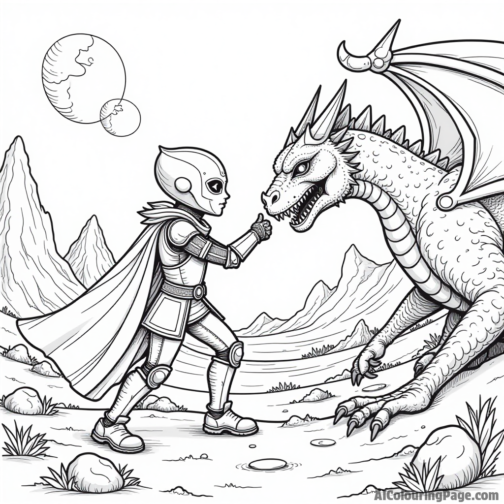 A brave alien knight battling a dragon on an alien planet with unique landscapes, an exciting scene for adventurous kids.