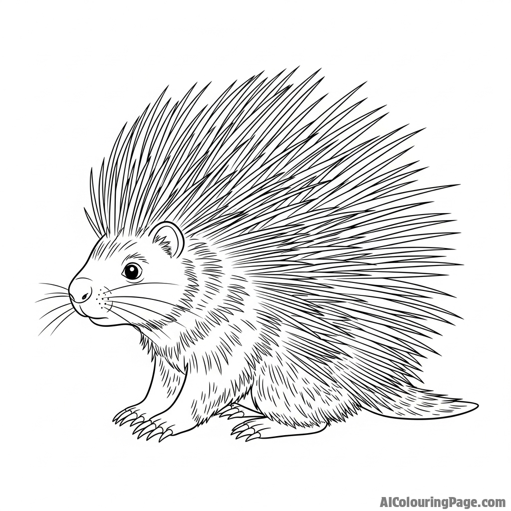 A porcupine with its quills raised in a defensive display