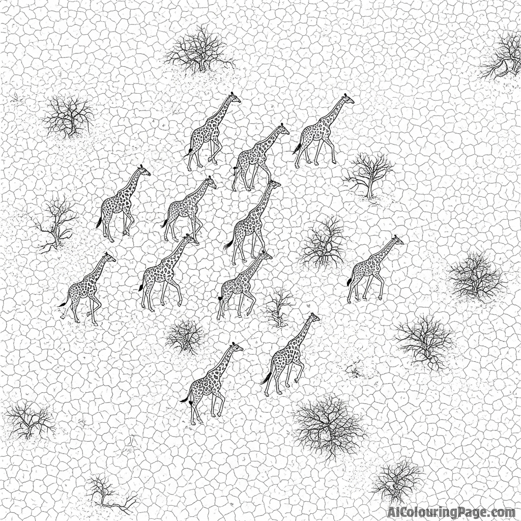 An aerial drone shot of a herd of giraffes migrating across a dry plain.