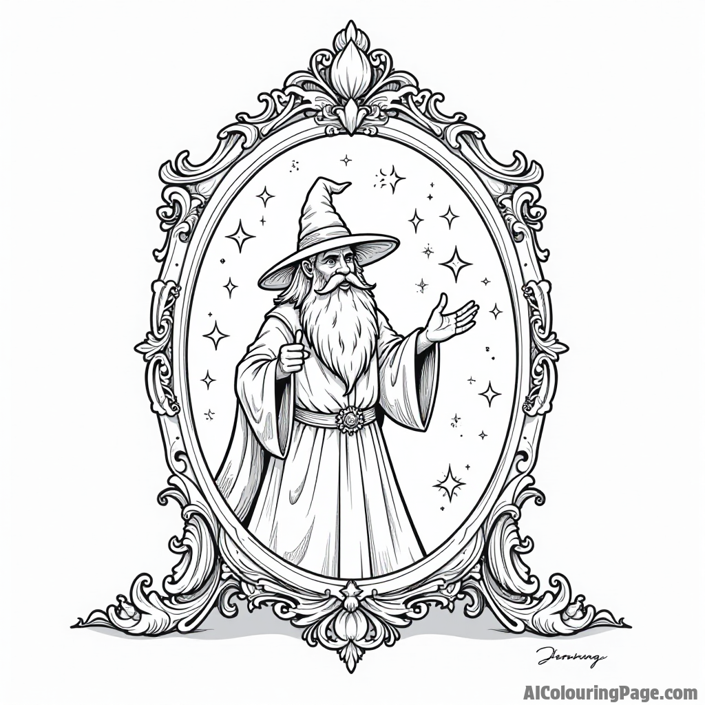 A magical mirror reflecting a scene of a wizard casting spells, surrounded by stars and magical symbols.