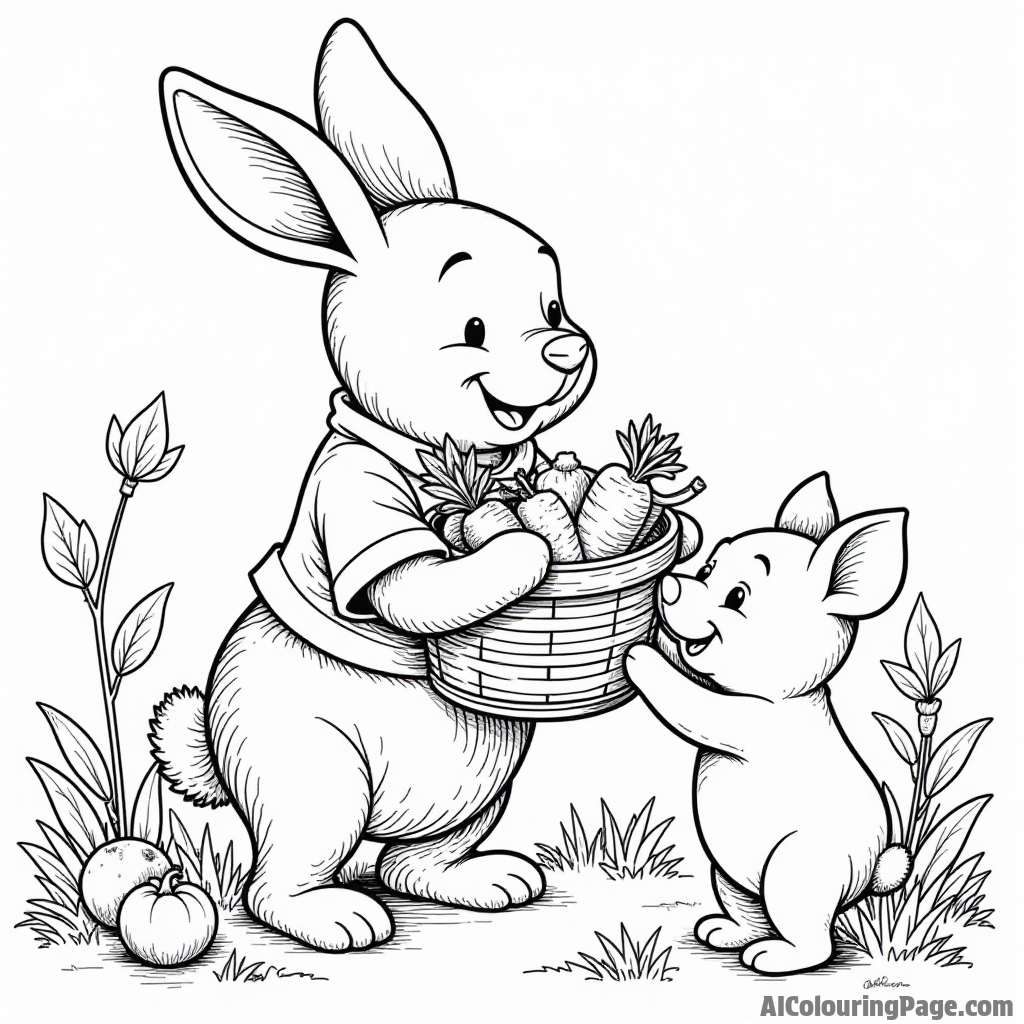 Rabbit holding a basket of vegetables, with Pooh and Piglet helping him gather, surrounded by green leafy plants.