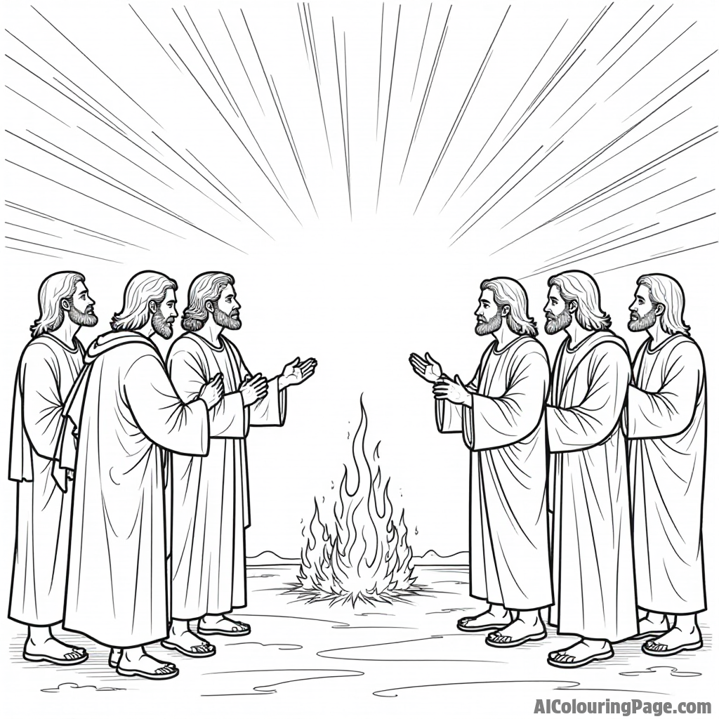 A scene of the Pentecost, with the apostles receiving the Holy Spirit, surrounded by flames and amazed onlookers.