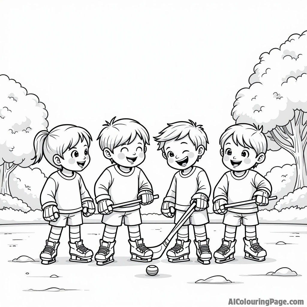 A group of kids in different hockey uniforms laughing and practicing their shots, with a large tree in the background for extra coloring fun.