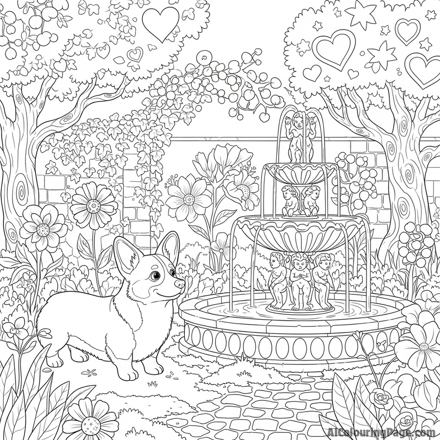 A corgi exploring a secret garden with a stone fountain and overgrown statues.