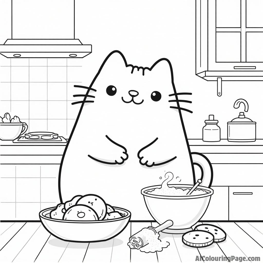 Pusheen baking cookies in a cozy kitchen with flour flying and a rolling pin beside a bowl of dough