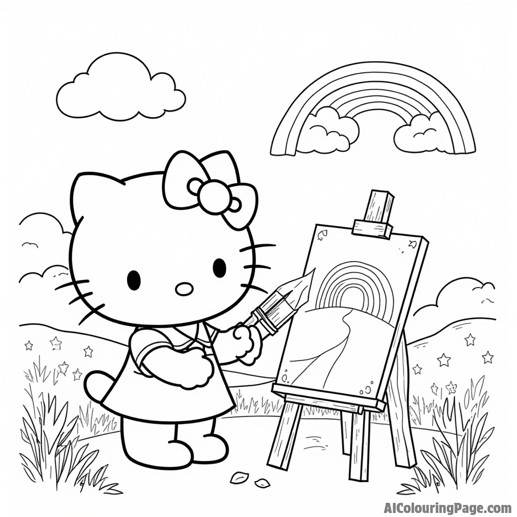 Hello Kitty painting a beautiful landscape with a brush, an easel, and a rainbow in the sky