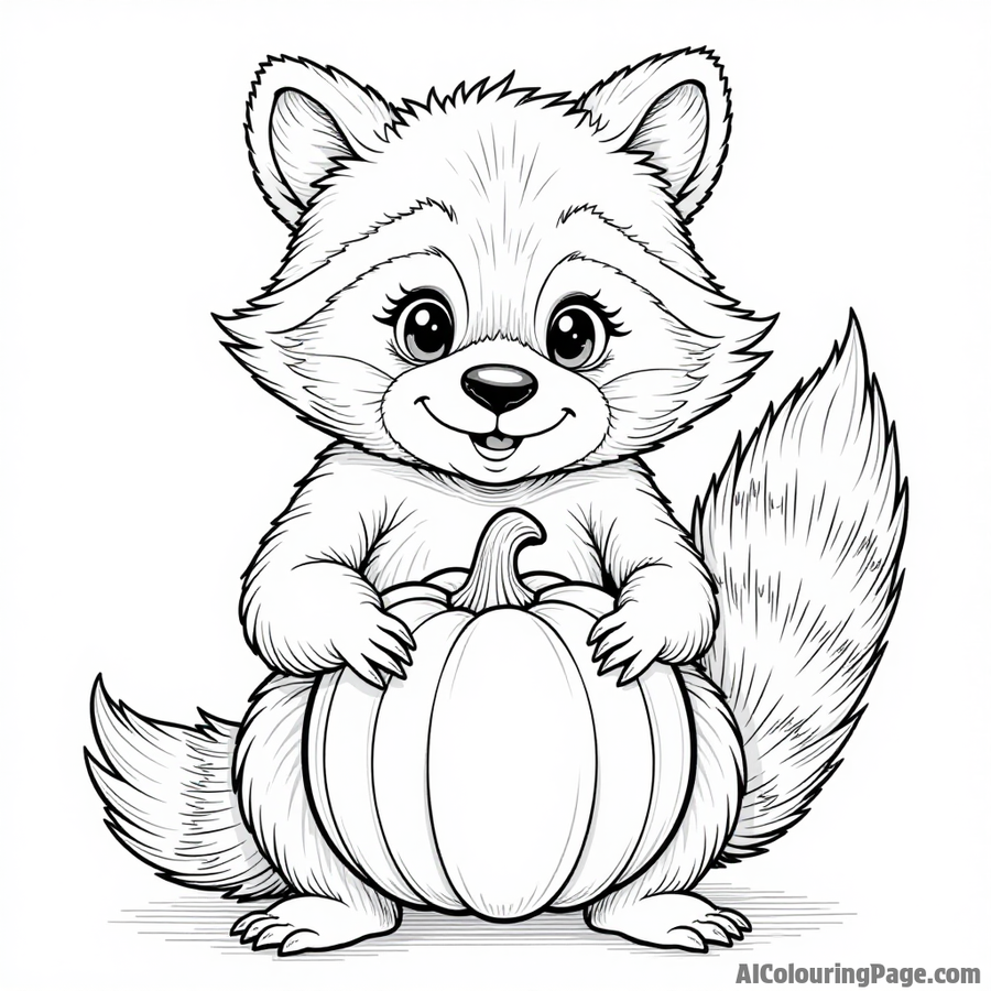 A raccoon holding a pumpkin in its paws