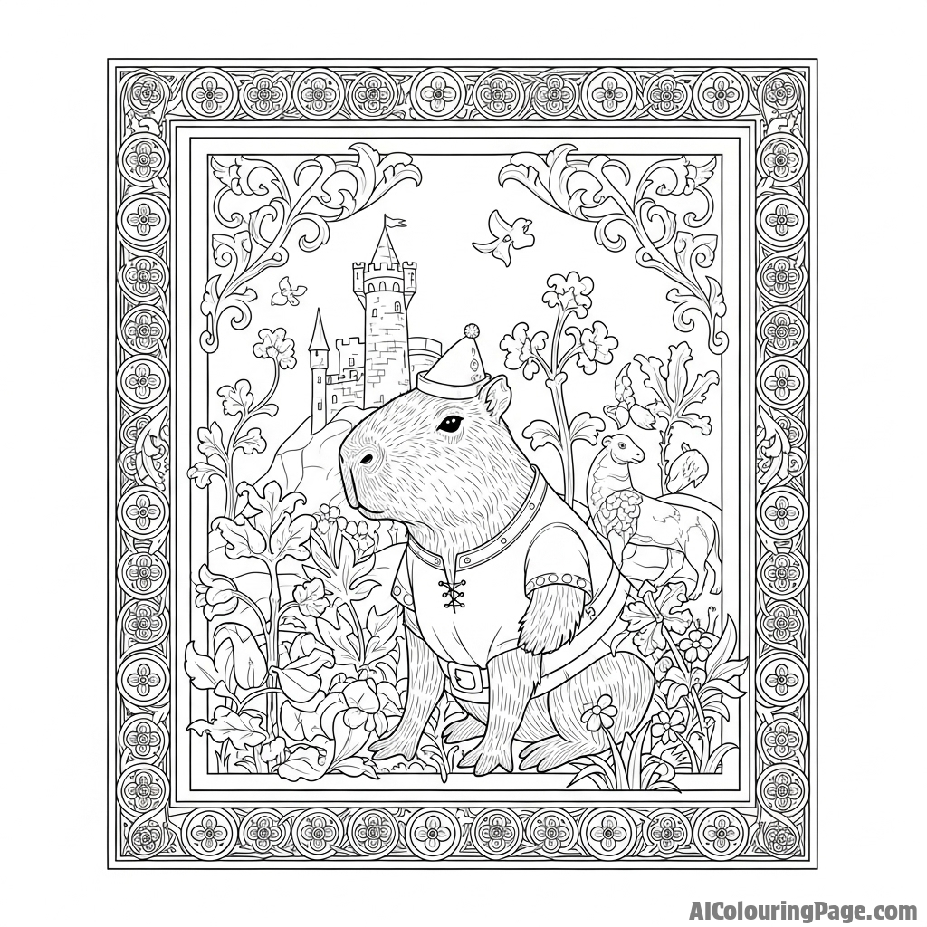 A capybara as a character in a medieval tapestry.