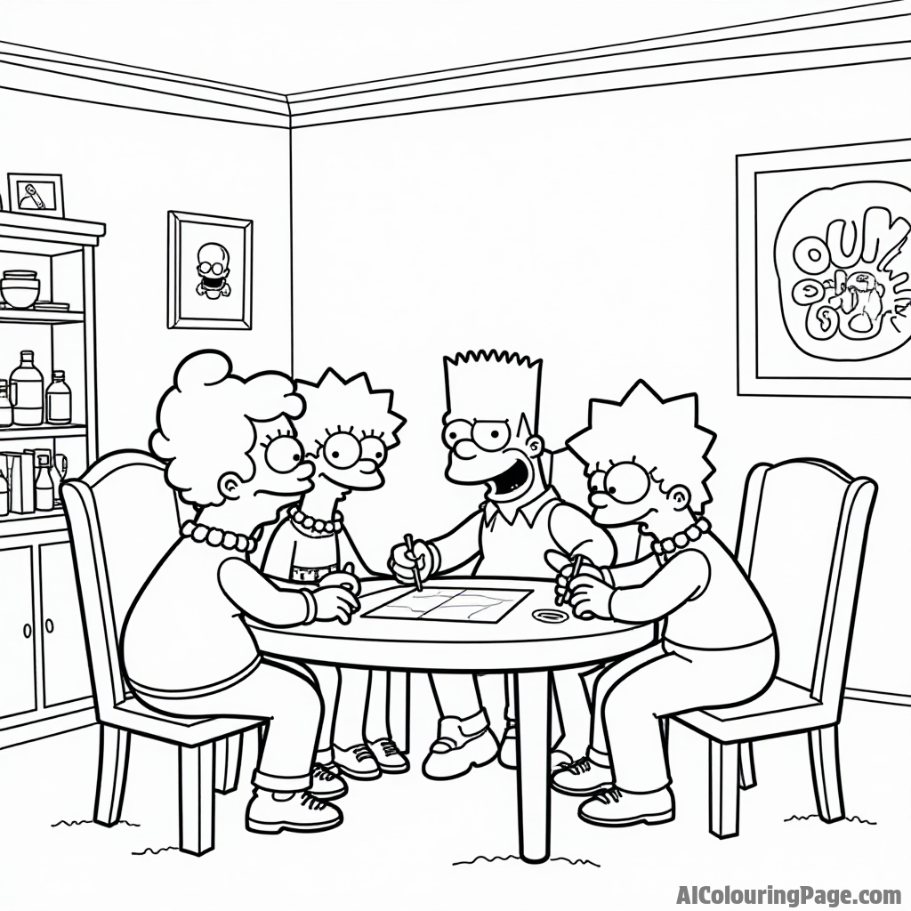 The Simpson family playing board games together around the dining table with laughter and fun in a cozy atmosphere.