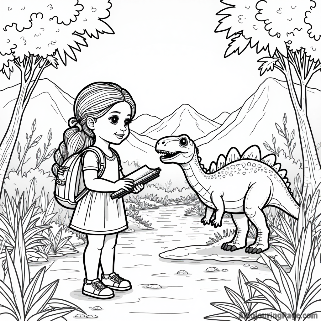 A doll exploring a dinosaur park, with friendly dinosaurs and lush vegetation all around, while taking notes in her journal.