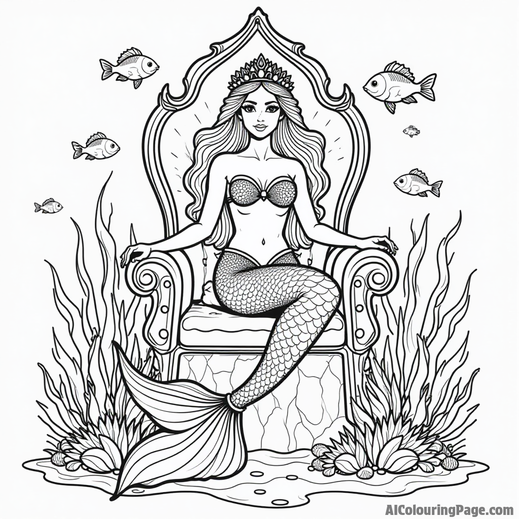 A majestic mermaid queen sitting on a coral throne, with her loyal fish guards and a vibrant sea garden around.