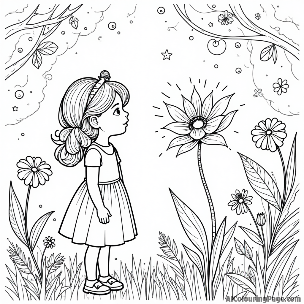 A young girl gazing at a glowing magical flower in a serene garden filled with mystical creatures and butterflies