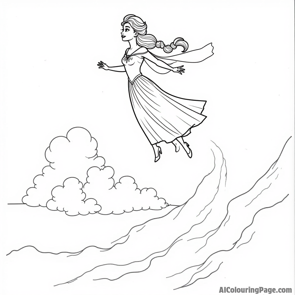 Elsa flying on a snow cloud high above the ground