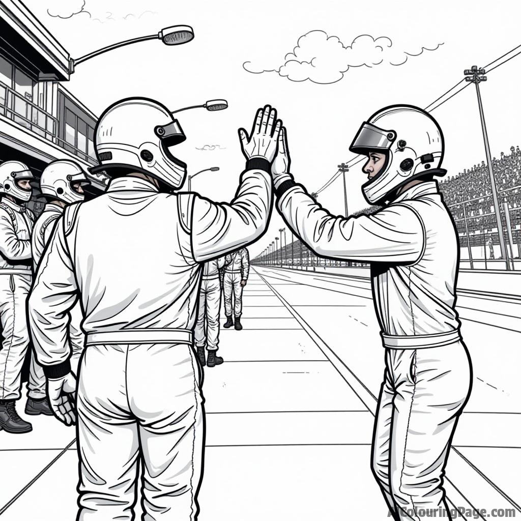 A vibrant pit crew celebrating a successful pit stop with high-fives and smiles, showcasing teamwork and camaraderie in a black and white coloring illustration.