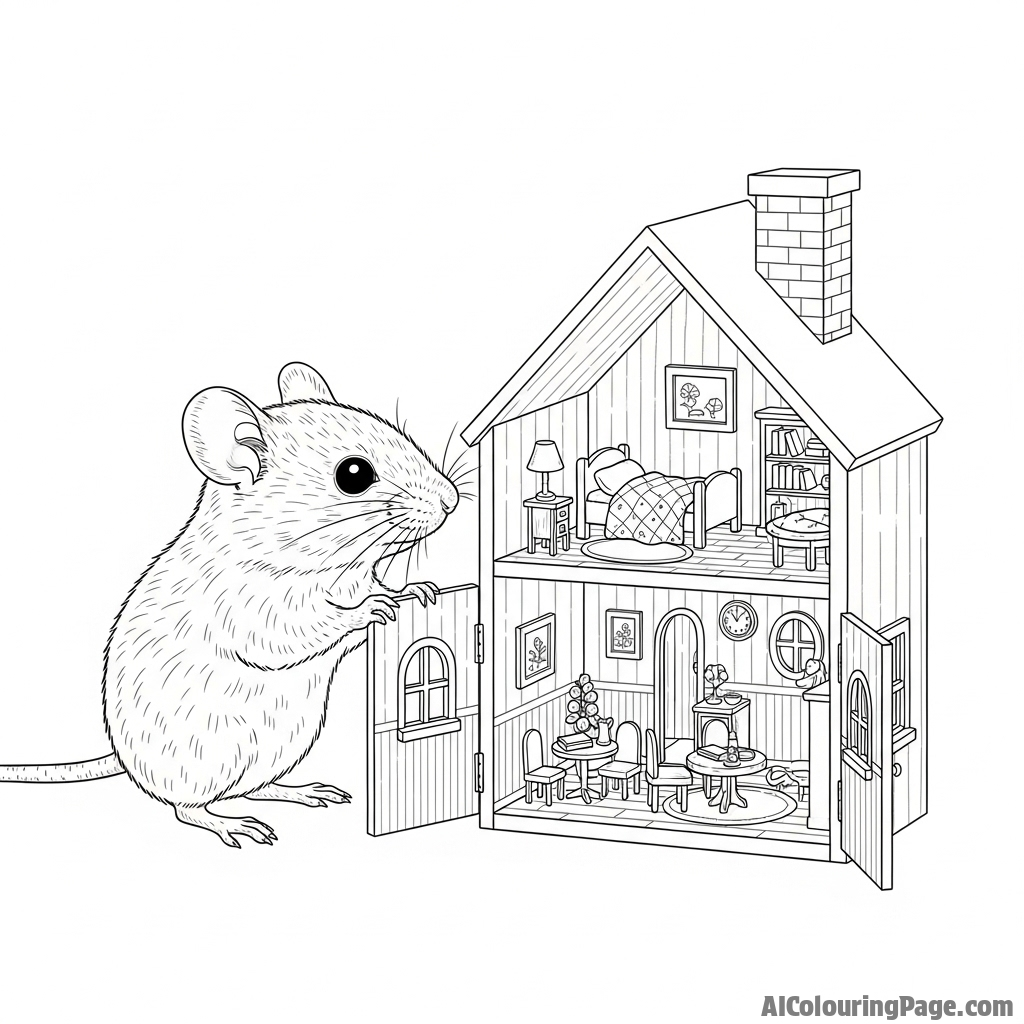 A mouse discovering a miniature, furnished dollhouse and looking inside with wonder.