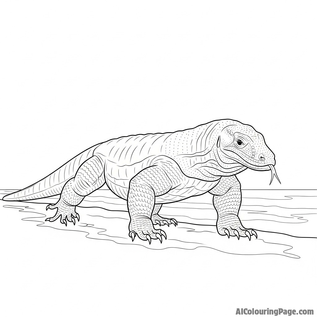 A majestic Komodo dragon walking along a shoreline, its powerful legs leaving tracks.