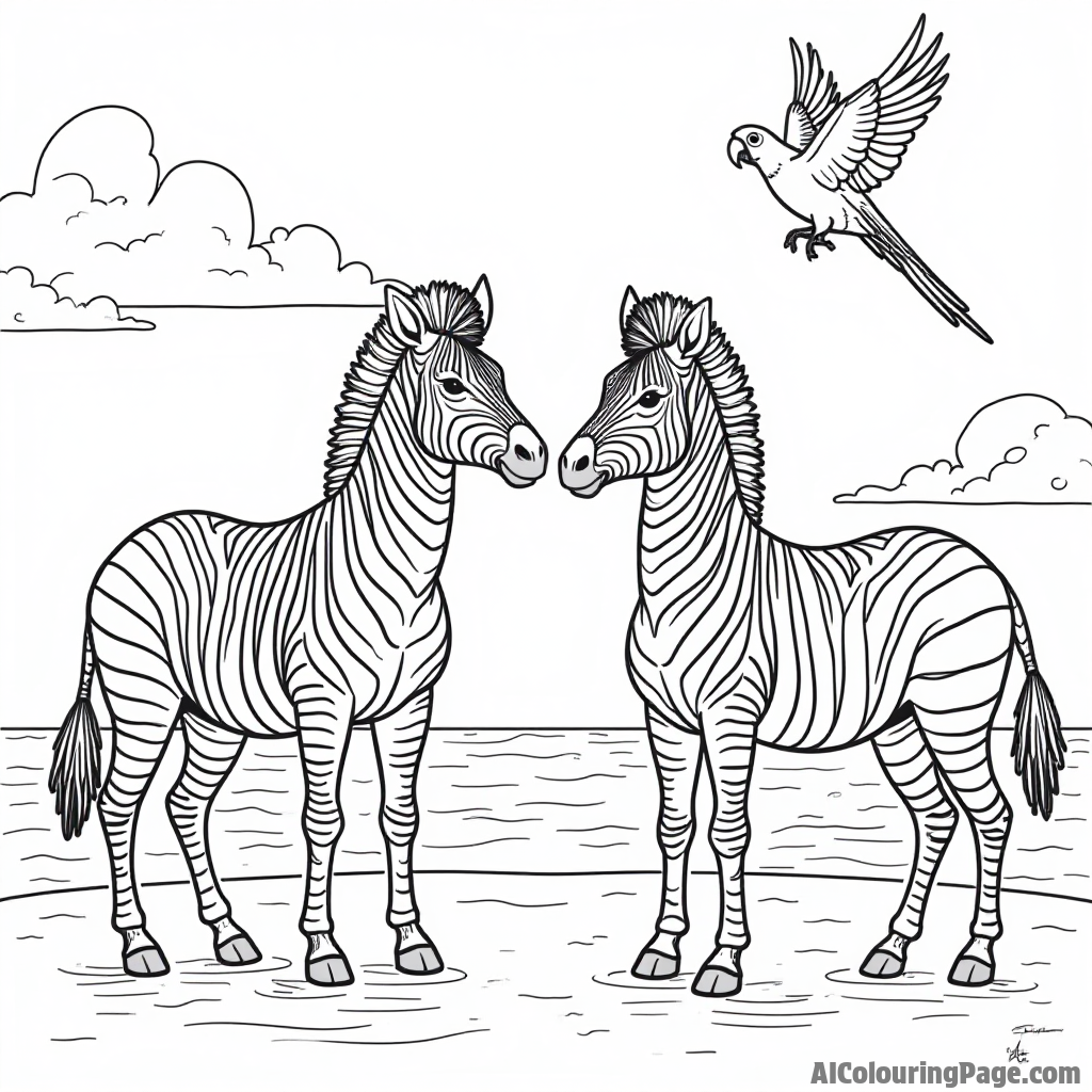 Two zebras standing side by side on the ark deck, while Noah watches a colorful parrot flying overhead.