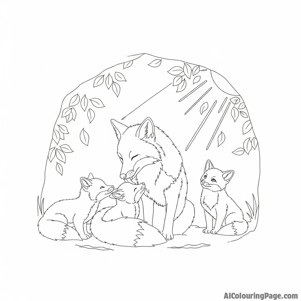 A mother fox tenderly grooming her playful kits in a sun-dappled den.