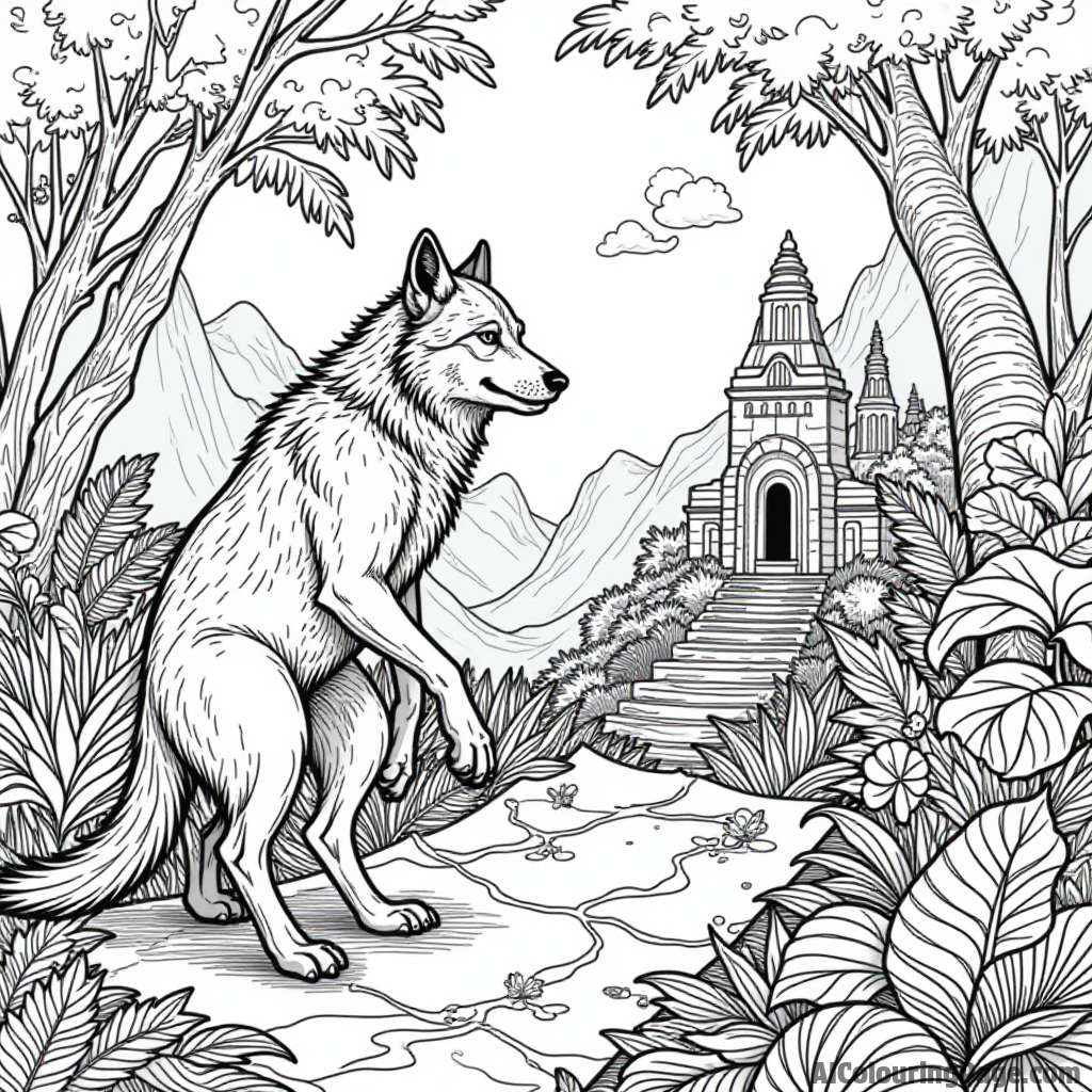 A werewolf navigating a treasure map in a jungle full of exotic animals, ancient ruins, and mysterious plants.