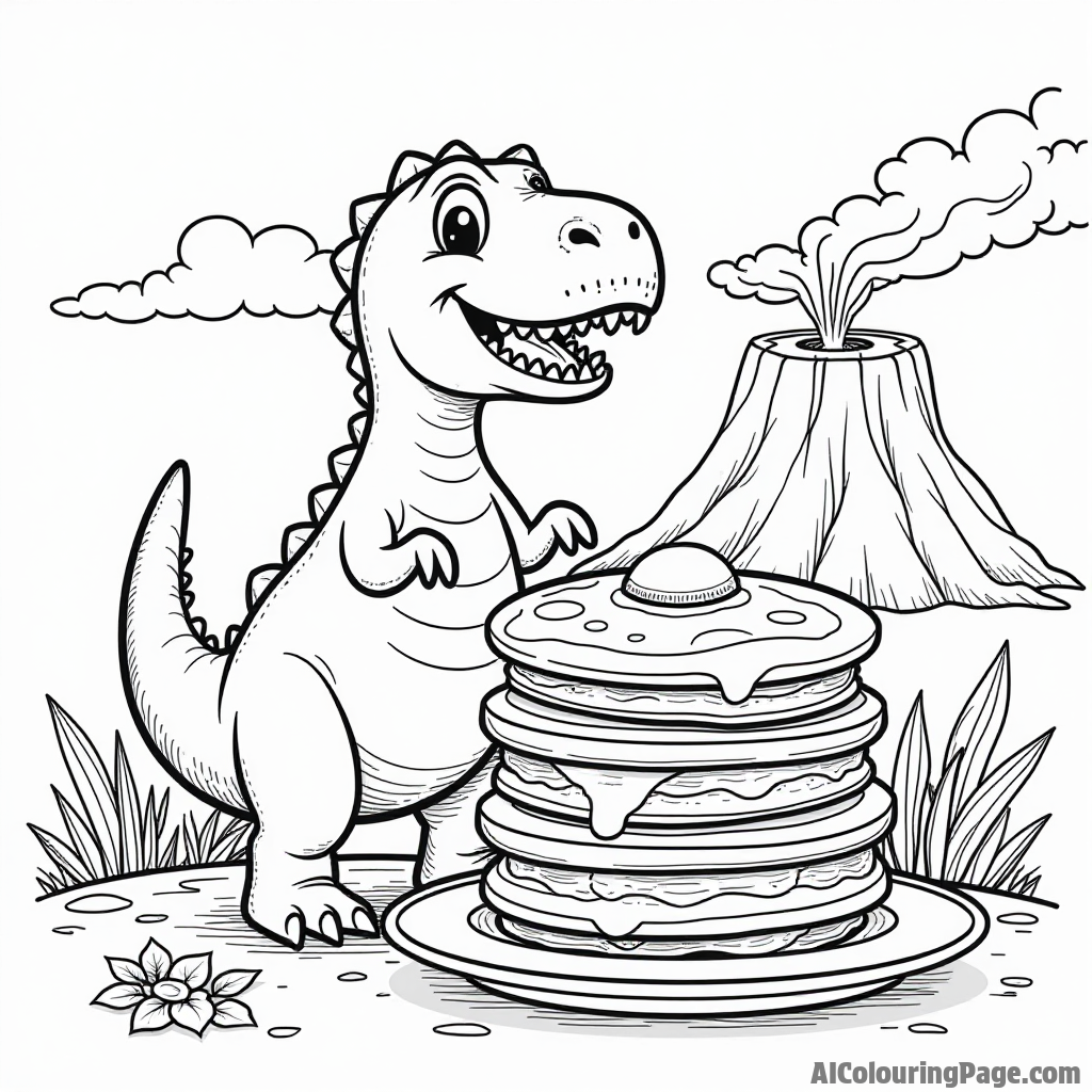 A dinosaur happily munching on a giant pancake stack, surrounded by prehistoric plants and a volcano in the background