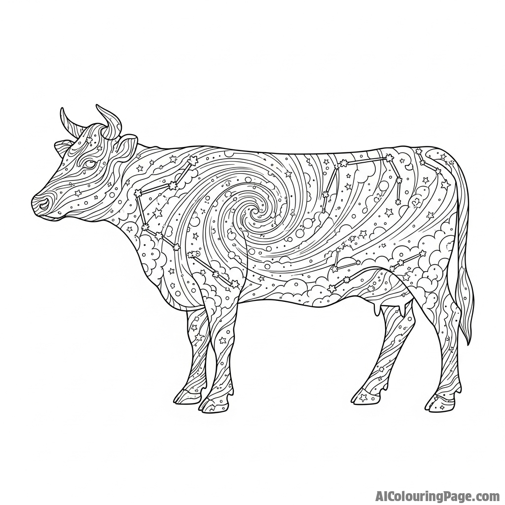 A cow whose body is formed from swirling constellations and cosmic dust.