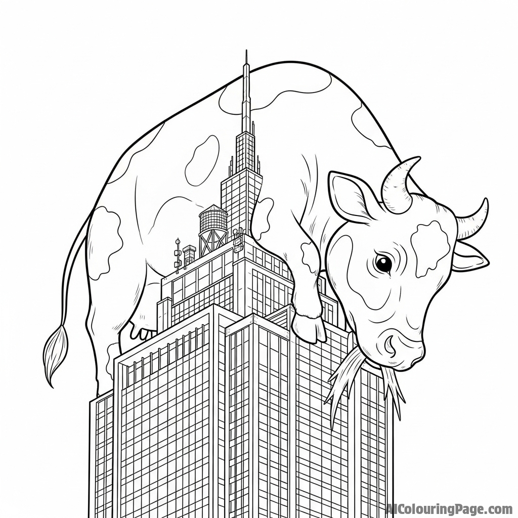 A giant, kaiju-sized cow peacefully munching on the top of a skyscraper.