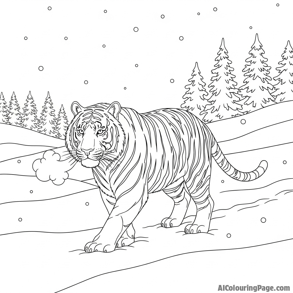 A tiger navigating a snowy landscape, its breath visible in the frigid air.
