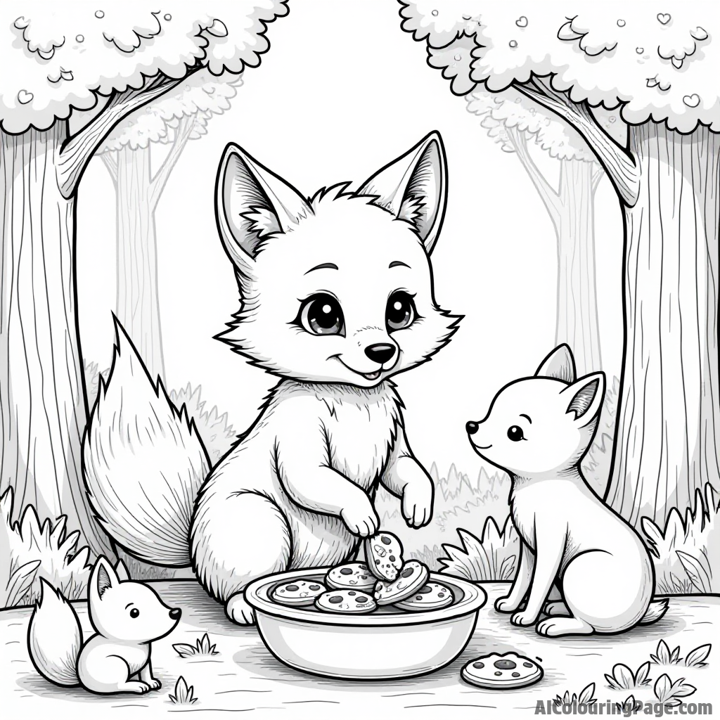 A cute fox baking cookies in a forest, with woodland animals gathered around, watching and waiting for treats.