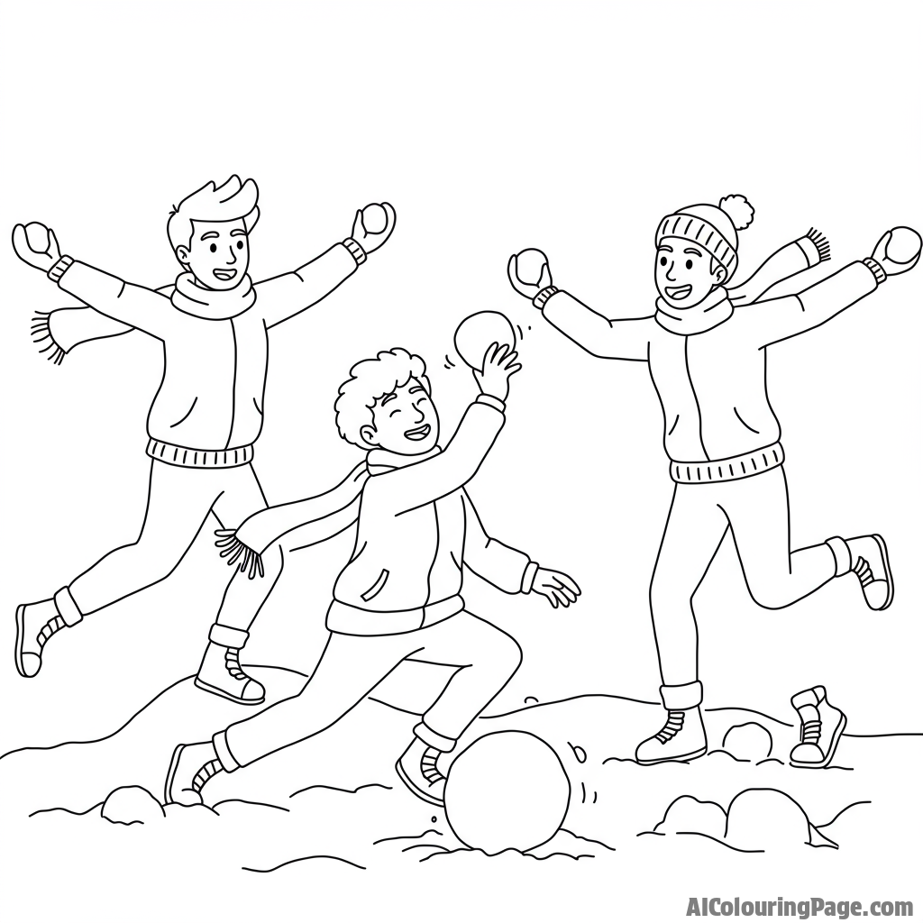 A playful snowball fight between friends, energy and fun.