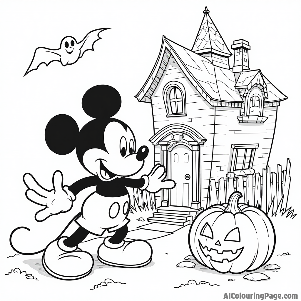 Mickey Mouse exploring a spooky haunted house, with cobwebs, ghosts, and a friendly pumpkin.