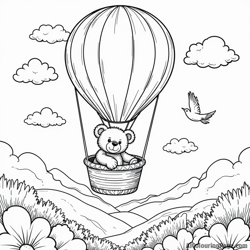 A teddy bear flying on a hot air balloon over a scenic landscape, with clouds and birds, inviting children to add their colors to this adventurous coloring page.