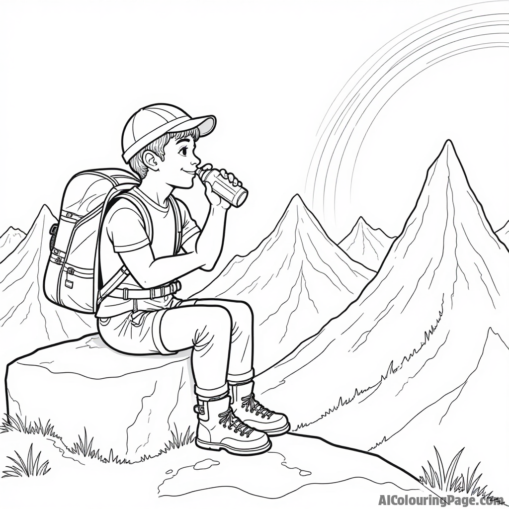 A cheerful climber taking a break on a boulder, sipping water from a bottle, with a panoramic view of the mountains and a rainbow in the sky, perfect for coloring fun.