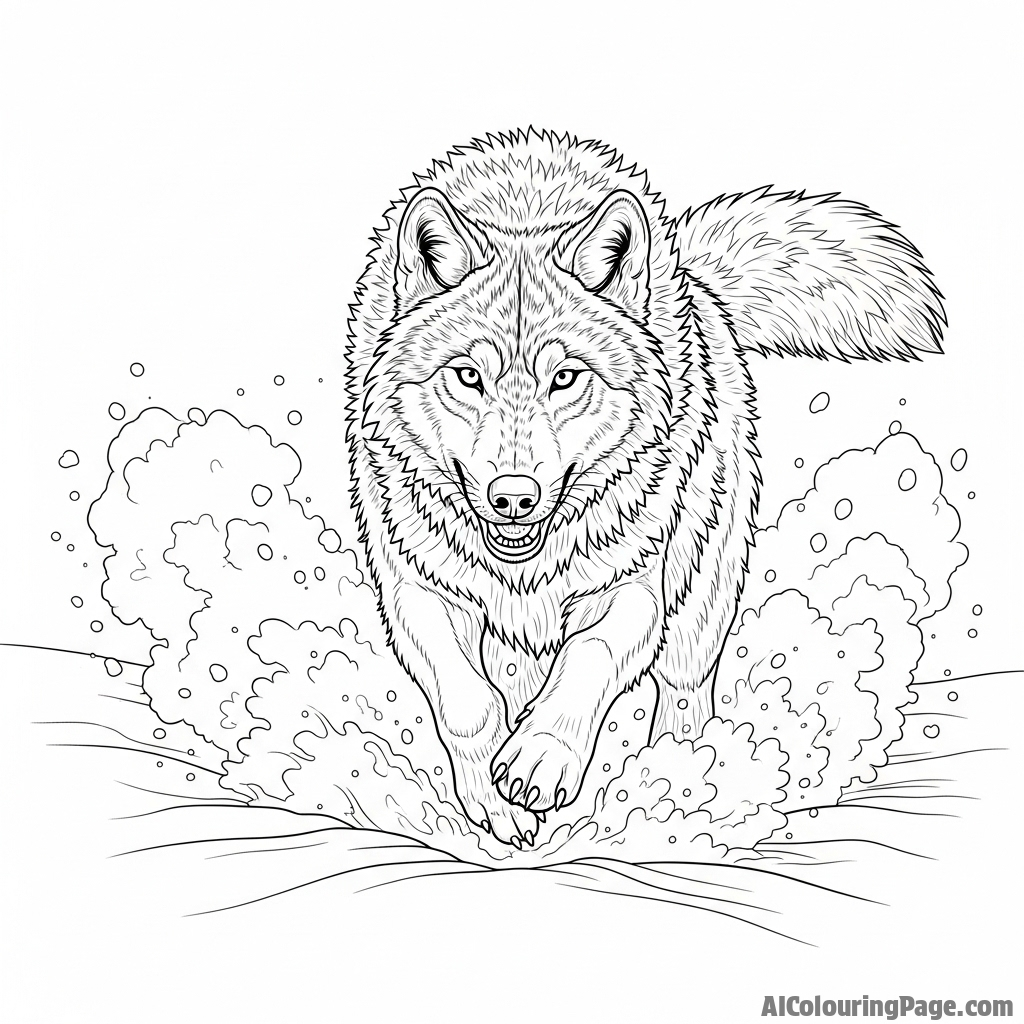 A powerful wolf running at full speed through deep powder, kicking up a spray of flakes.